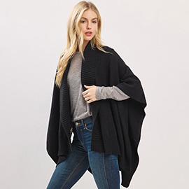 Ribbed Trim Open Front Soft Knit Shawl Cape Poncho