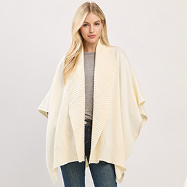 Ribbed Trim Open Front Soft Knit Shawl Cape Poncho