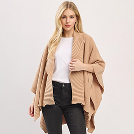 Ribbed Trim Open Front Soft Knit Shawl Cape Poncho