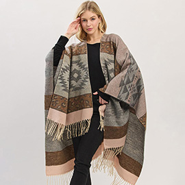 Aztec Leopard Pattern Fringe Ruana Poncho
