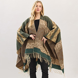 Aztec Leopard Pattern Fringe Ruana Poncho