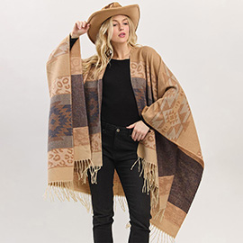 Aztec Leopard Pattern Fringe Ruana Poncho