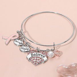Heart Paved Believe Hope Courage Pearl Pin Ribbon Charm Bangle Bracelet