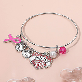 Heart Paved Believe Hope Courage Pearl Pin Ribbon Charm Bangle Bracelet