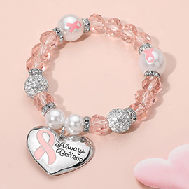 ALWAYS BELIEVE Pink Ribbon Heart Charm Pearl Shamballa Ball Beaded Stretch Bracelet