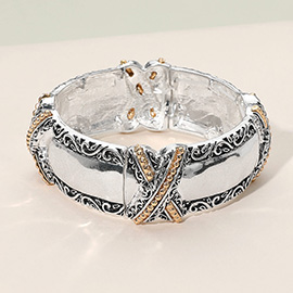 Two Tone Antique Metal Crisscross Accent Stretch Bracelet
