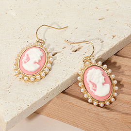 Pearl Rim Vintage Cameo Drop Dangle Earrings