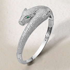 Rhodium Plated CZ Stone Paved Dual Leopard Panther Head Tip Hinged Bangle Bracelet