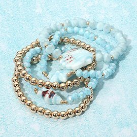 5PCS - Starfish Shell Accent Faceted Beaded Stretch Multi Layered Bracelets