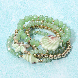 5PCS - Starfish Shell Accent Faceted Beaded Stretch Multi Layered Bracelets