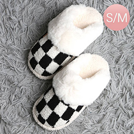 Checkered Faux Fur Cuff Soft Home Indoor Floor Mule Slippers