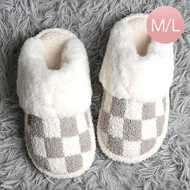 Checkered Faux Fur Cuff Soft Home Indoor Floor Mule Slippers