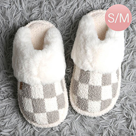 Checkered Faux Fur Cuff Soft Home Indoor Floor Mule Slippers