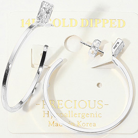 14K Gold Dipped Hypoallergenic Baguette CZ Stone Accent Hoop Earrings