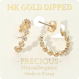 14K Gold Dipped Hypoallergenic Rhinestone Accent Open Floral Hoop Earrings