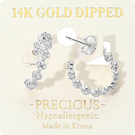 14K Gold Dipped Hypoallergenic Rhinestone Accent Open Floral Hoop Earrings