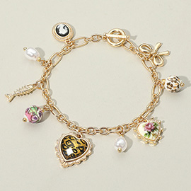 SECRET BOX_Faceted Leopard Heart Pearl Cameo Bow Fish Floral Ceramic Ball Charm Station Bracelet
