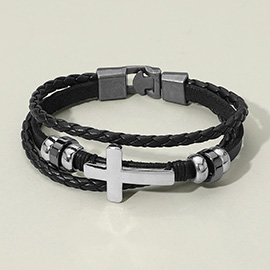 Mens Metal Cross Ball Beaded Genuine Leather Bracelet