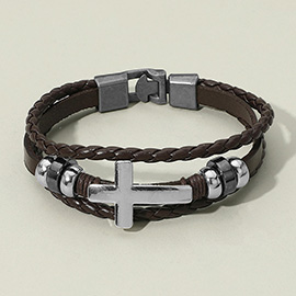 Mens Metal Cross Ball Beaded Genuine Leather Bracelet