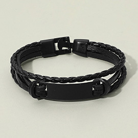 Mens Metal Plate Accent Genuine Leather Braided Bracelet