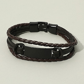 Mens Metal Plate Accent Genuine Leather Braided Bracelet
