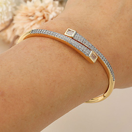 SECRET BOX_Stainless Steel Square Stone Tip Rhinestone Pave Hinged Bangle Bracelet