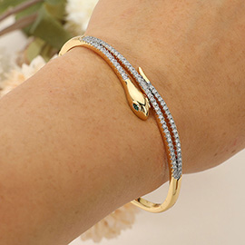 SECRET BOX_Stainless Steel Rhinestone Pave Sleek Snake Hinged Bangle Bracelet