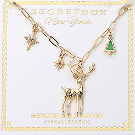 SECRET BOX_Genuine Gold Dipped Festive Holiday Reindeer Starburst Christmas Tree Charm Station Paperclip Chain Necklace
