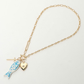 SECRET BOX_Genuine Gold Dipped Ceramic Fish Metal Cross Heart Charm Pendant Necklace