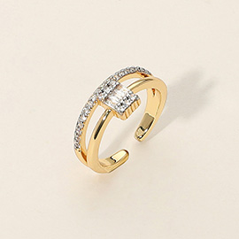 SECRET BOX_14K Gold Dipped Baguette Cut Stone Accent Rhinestone Paved Adjustable Ring