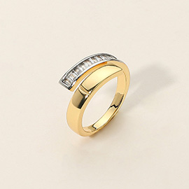 SECRET BOX_14K Gold Dipped Baguette Stone Accent Curved Adjustable Ring