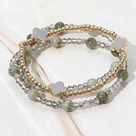 3PCS - Quatrefoil Natural Stone Beaded Stretch Multi Layered Bracelets