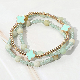 3PCS - Quatrefoil Natural Stone Beaded Stretch Multi Layered Bracelets
