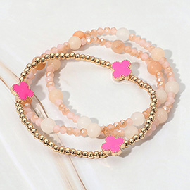 3PCS - Quatrefoil Natural Stone Beaded Stretch Multi Layered Bracelets