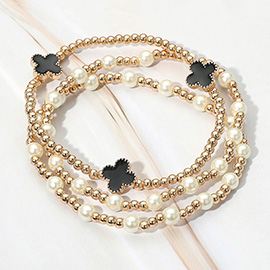 3PCS - Quatrefoil Pearl Beaded Stretch Multi Layered Bracelets