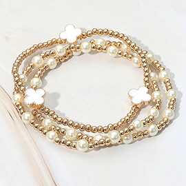 3PCS - Quatrefoil Pearl Beaded Stretch Multi Layered Bracelets