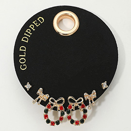 SECRET BOX_Gold Dipped Stone Bow Festive Wreath Stud Earring Set