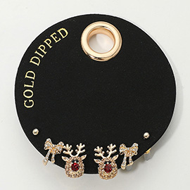 SECRET BOX_Gold Dipped Stone Embellished Reindeer Bow Stud Earring Set