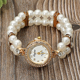 SECRET BOX_Stainless Steel Stone Paved Rim Round Bezel Pearl Beaded Stretch Bracelet Watch