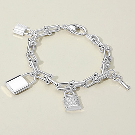 14K Gold Plated CZ Stone Paved Lock Key Charm Station Industrial Chain Link Bracelet