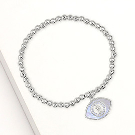 Stainless Steel Mother of Pearl CZ Stone Rim Virgin Mary Accent Evil Eye Charm Stretch Bracelet