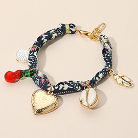 Heart Locket Pearl Sea Shell Puka Shell Leaf Charm Station Fabric Bracelet