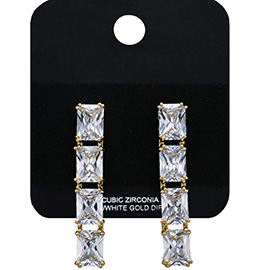 Gold Dipped Rectangular CZ Stone Cluster Drop Earrings