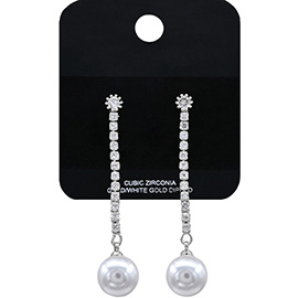 White Gold Dipped CZ Stone Cluster Drop Pearl Tip Earrings