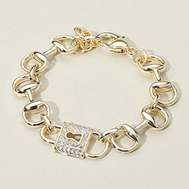 14K Gold Plated CZ Stone Paved Padlock Accent Chunky Chain Bracelet