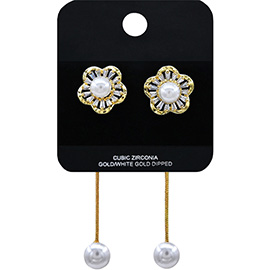 Gold Dipped CZ Stone Floral Pearl Drop Earrings