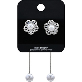 White Gold Dipped CZ Stone Floral Pearl Drop Earrings