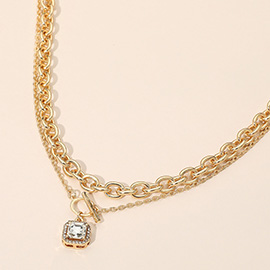 Square Toggle Pendant Accent Chunky Metal Chain Layered Necklace