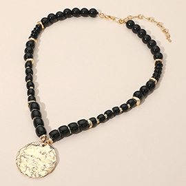 Hammered Metal Pendant Chunky Beaded Necklace