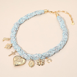 Heart Bow Horseshoe Cowboy Boot Cross Charm Station Braided Fabric Necklace